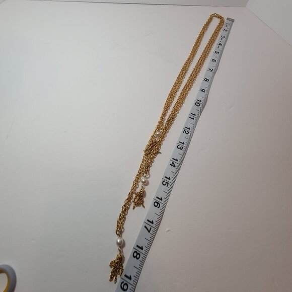 Vintage Gold-Tone Layered Chain Necklace with Faux Pearl & Tassel Drops - Picture 6 of 6